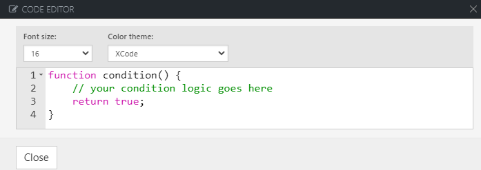 The script editor allows you to modify the JavaScript Outcome Scripts. Here, the default script is shown that constantly returns true and thus enables the Outcome permanently.